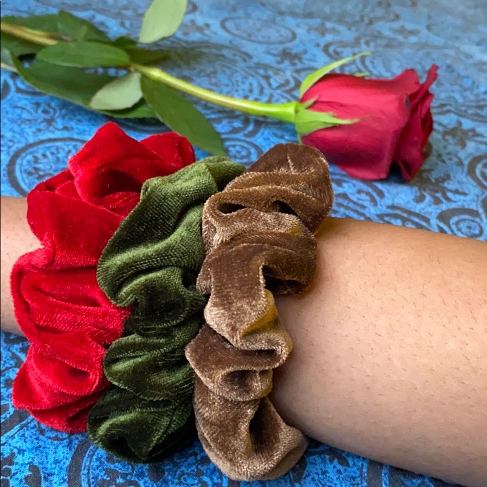 Set of Three (Red, Green, & Tan) Velvet Scrunchies